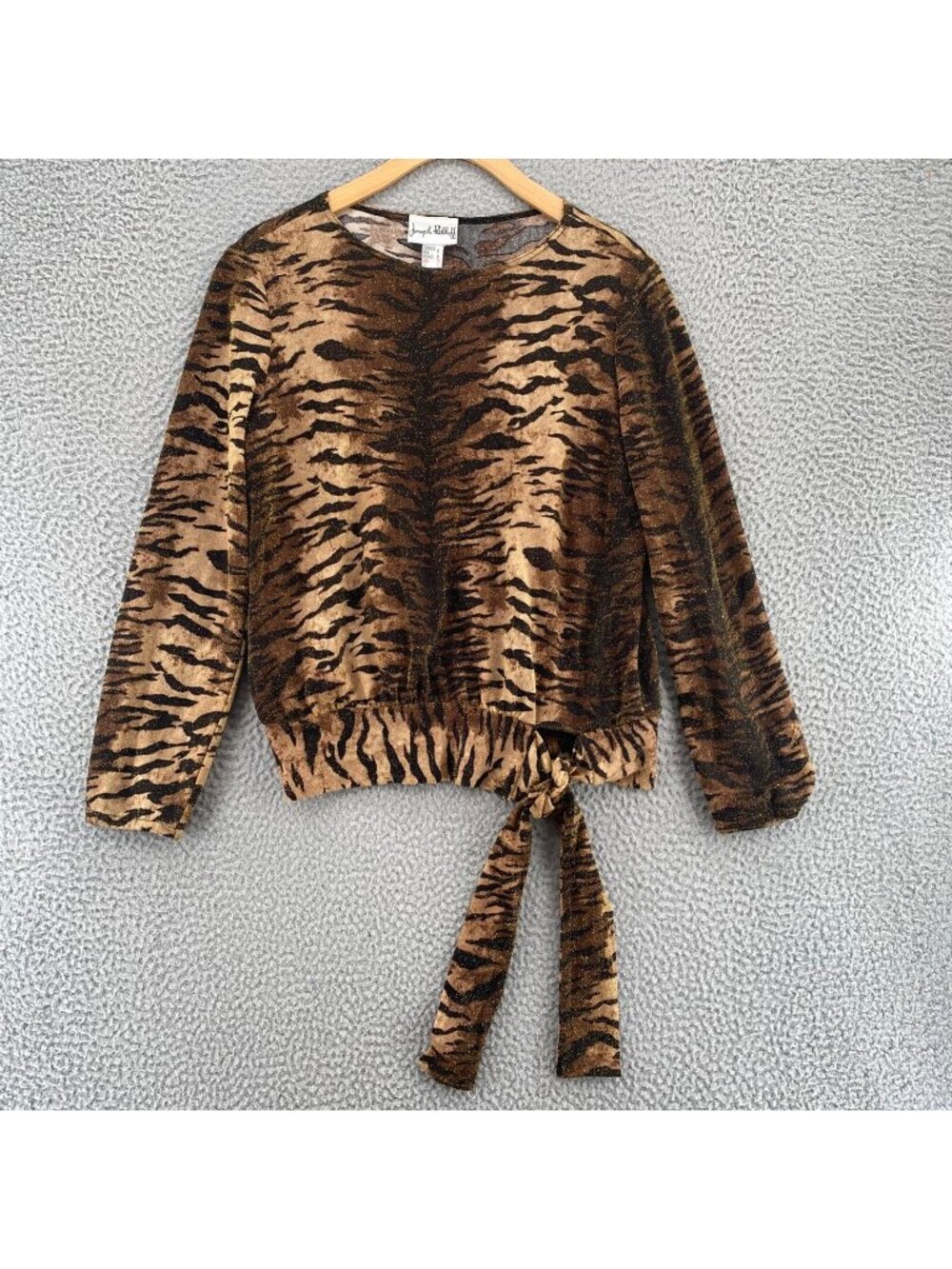 Joseph Ribkoff Top Womens 8 Brown Animal Print Gold Glitter Side Tie Long Sleeve